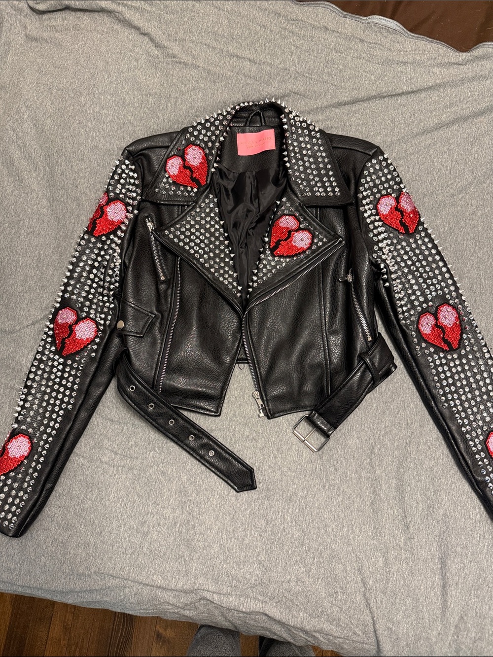 Studded Black Faux Leather Moto Jacket with Red Heart Appliqués